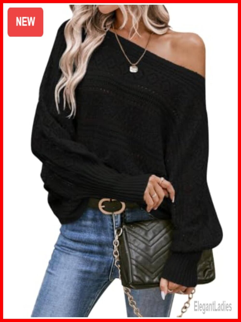 Off Shoulder Oversized Crochet Knit Pullover Sweater Batwing Long Sleeve